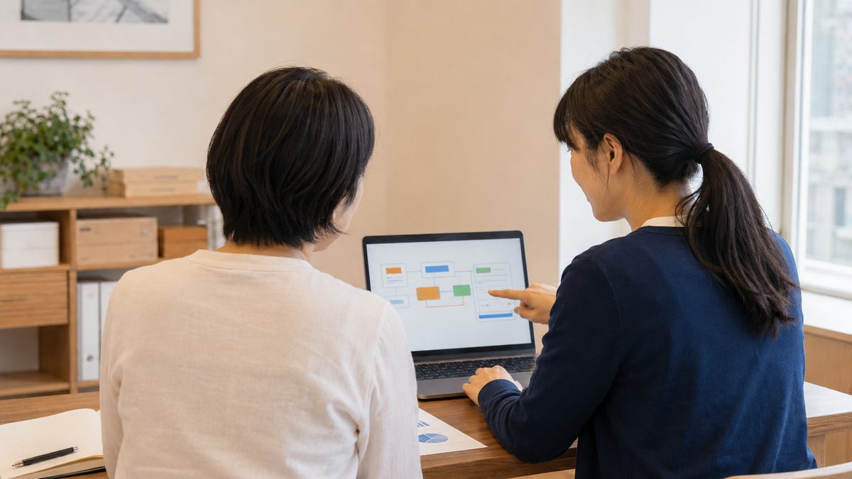 パソコンの業務フロー図を一緒に確認しながら業務改善を進める様子
